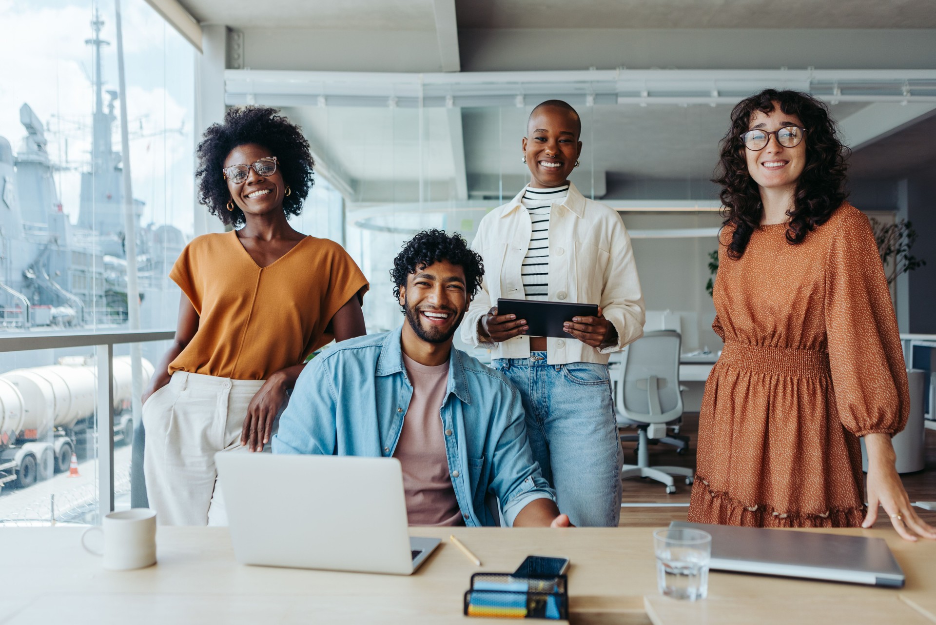Successful colleagues in a modern office working together